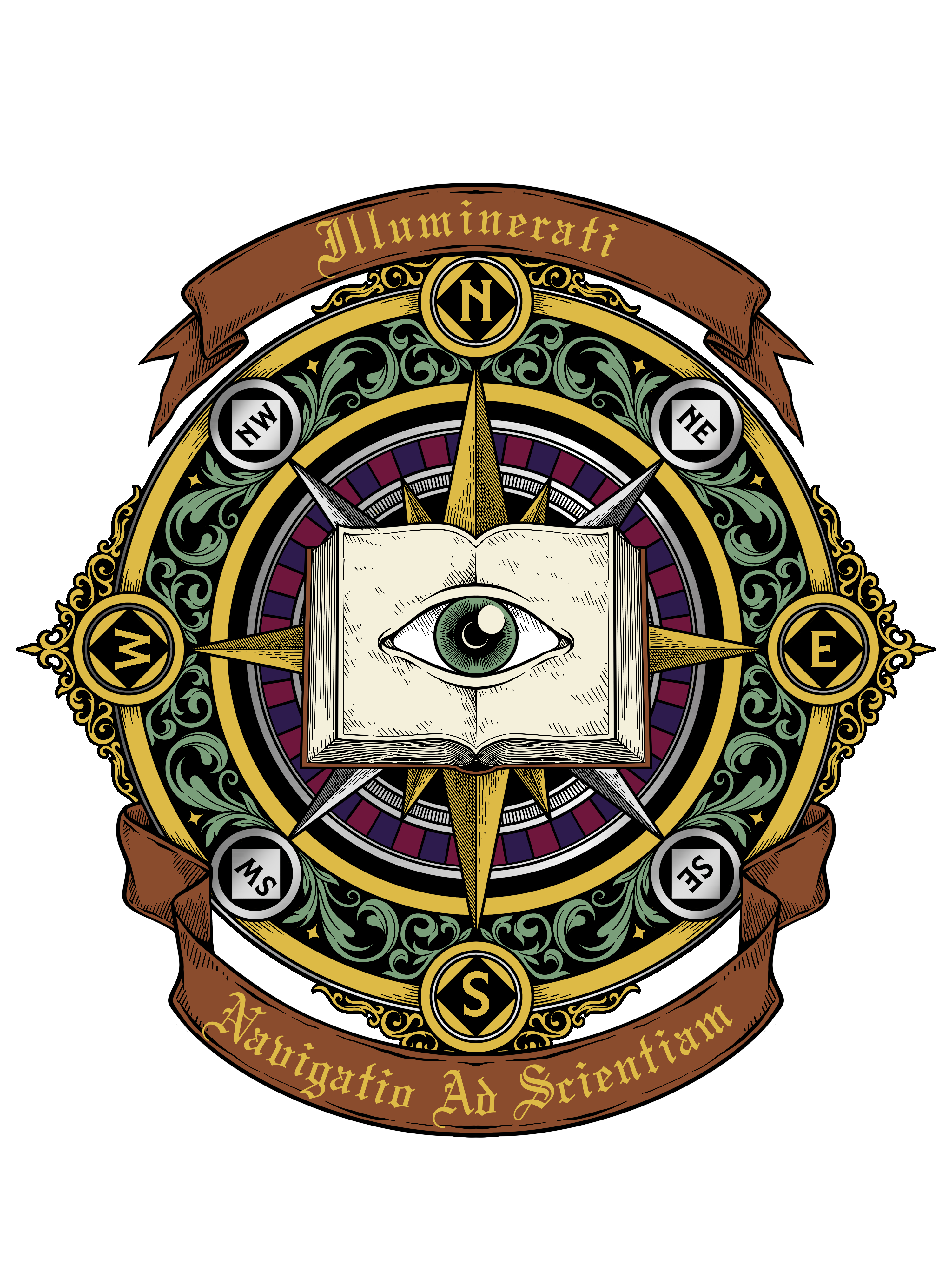 Art of a vintage compass with a book with an eye in the center. There is a brown ribbon wrapped around the compass that reads "Illuminerati - Navigatio Ad Scientiam."