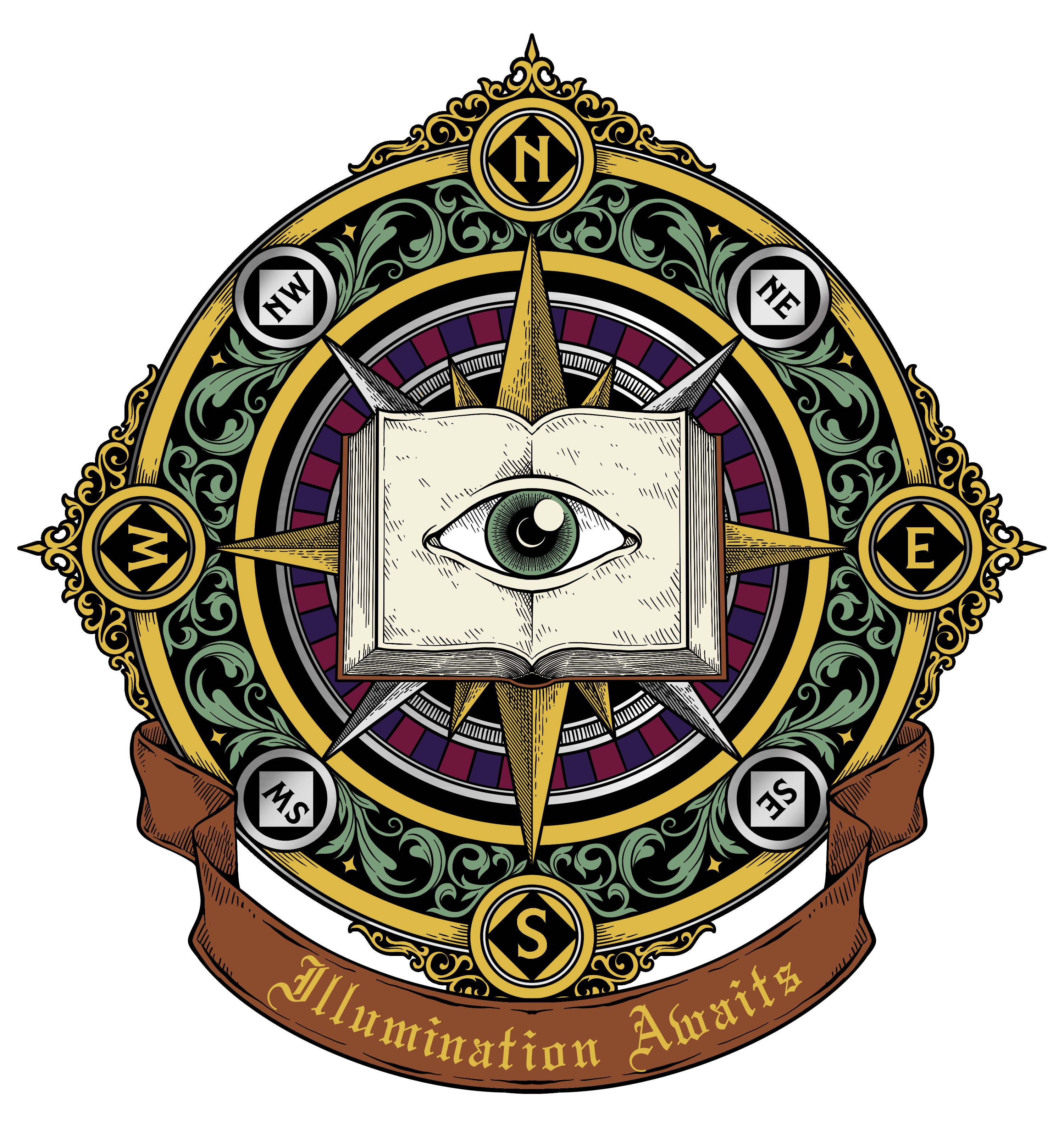 Art of a vintage compass with a book with an eye in the center. There is a brown ribbon wrapped around the compass that reads "Illumination Awaits."