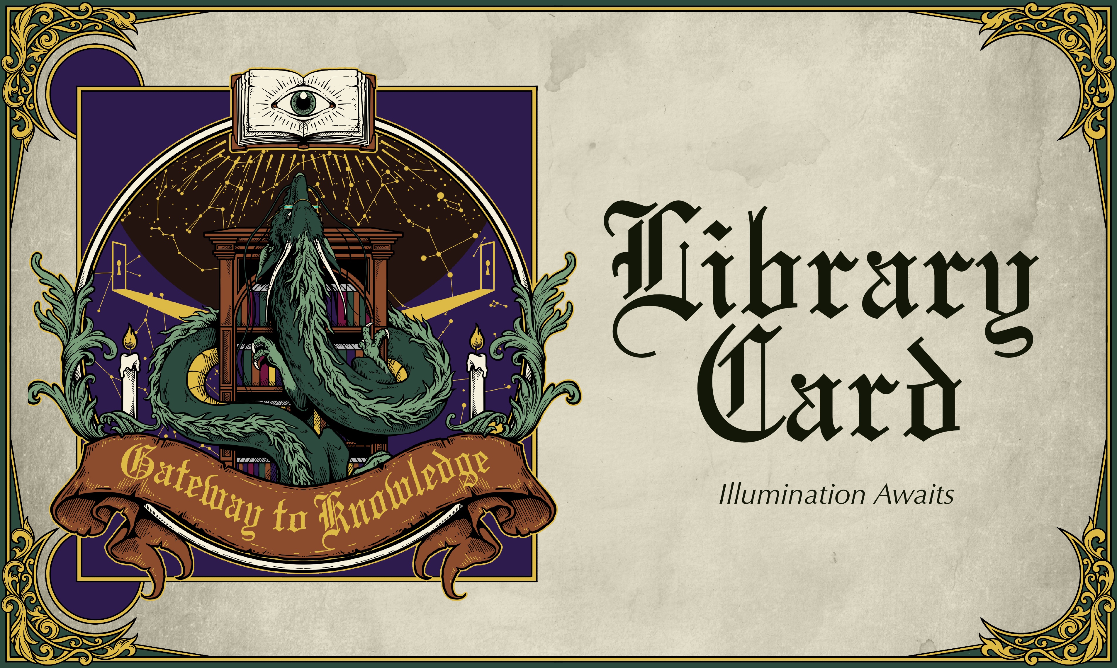 A Library Card with the Genre Savvied Logo to the left, Library Card in Old English font, with Illumination Awaits in a subtext.