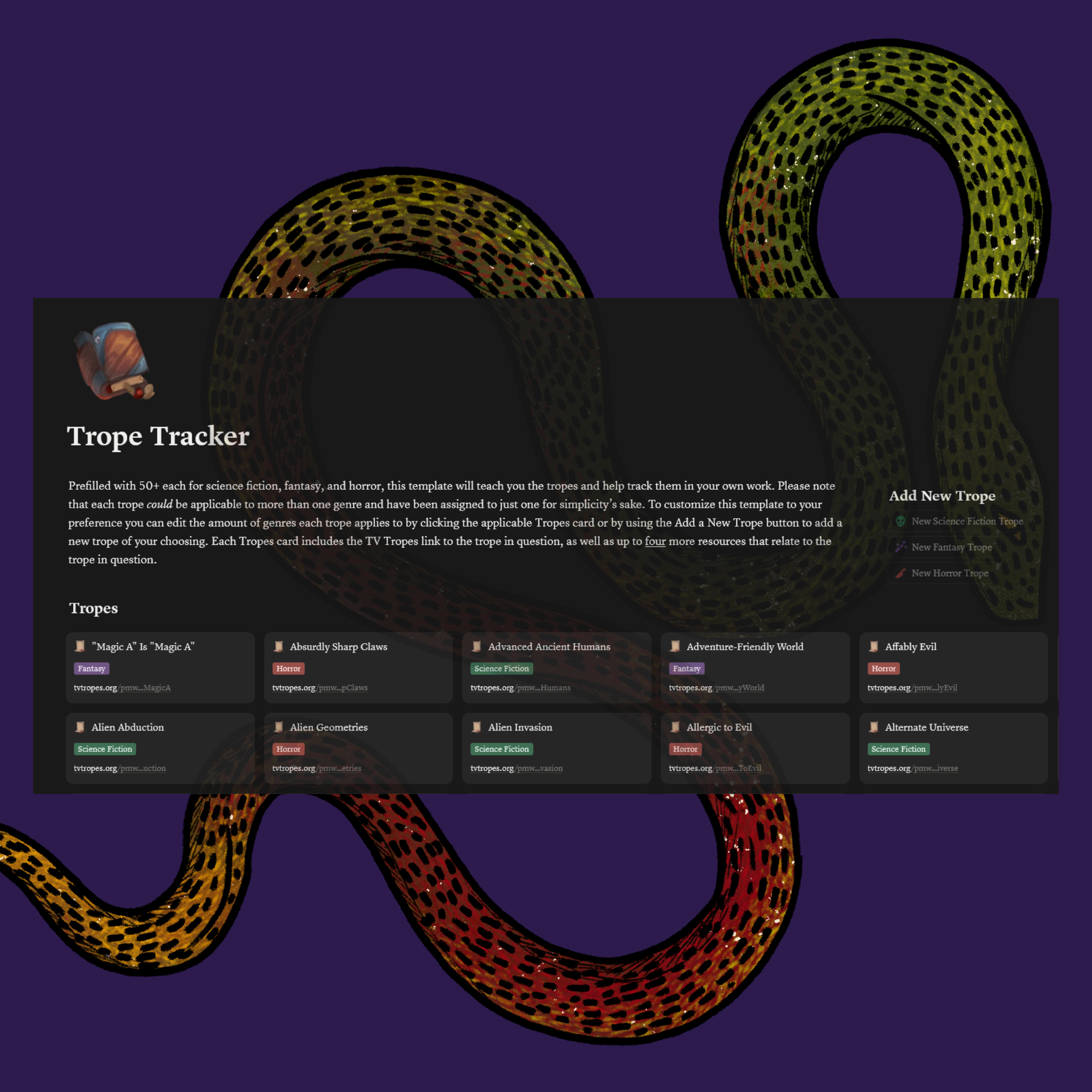 Image of Trope Tracker Notion template set against a purple background with a multi-colored illustrated snake