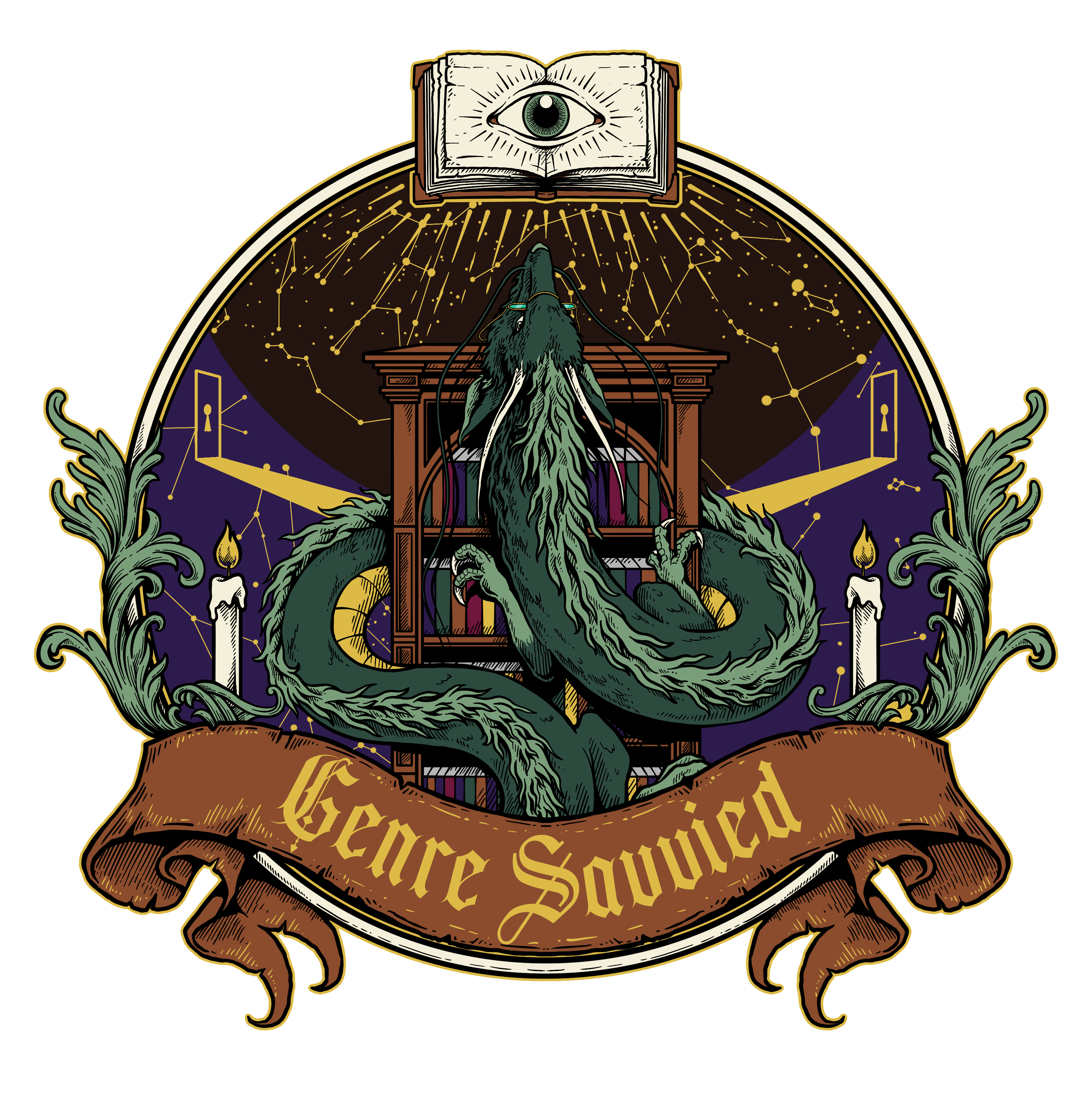 Genre Savvied Logo of a green dragon wrapped around a book shelf looking at an open book with an eye in the center. There is a brown ribbon wrapped around the logo that reads "Genre Savvied."