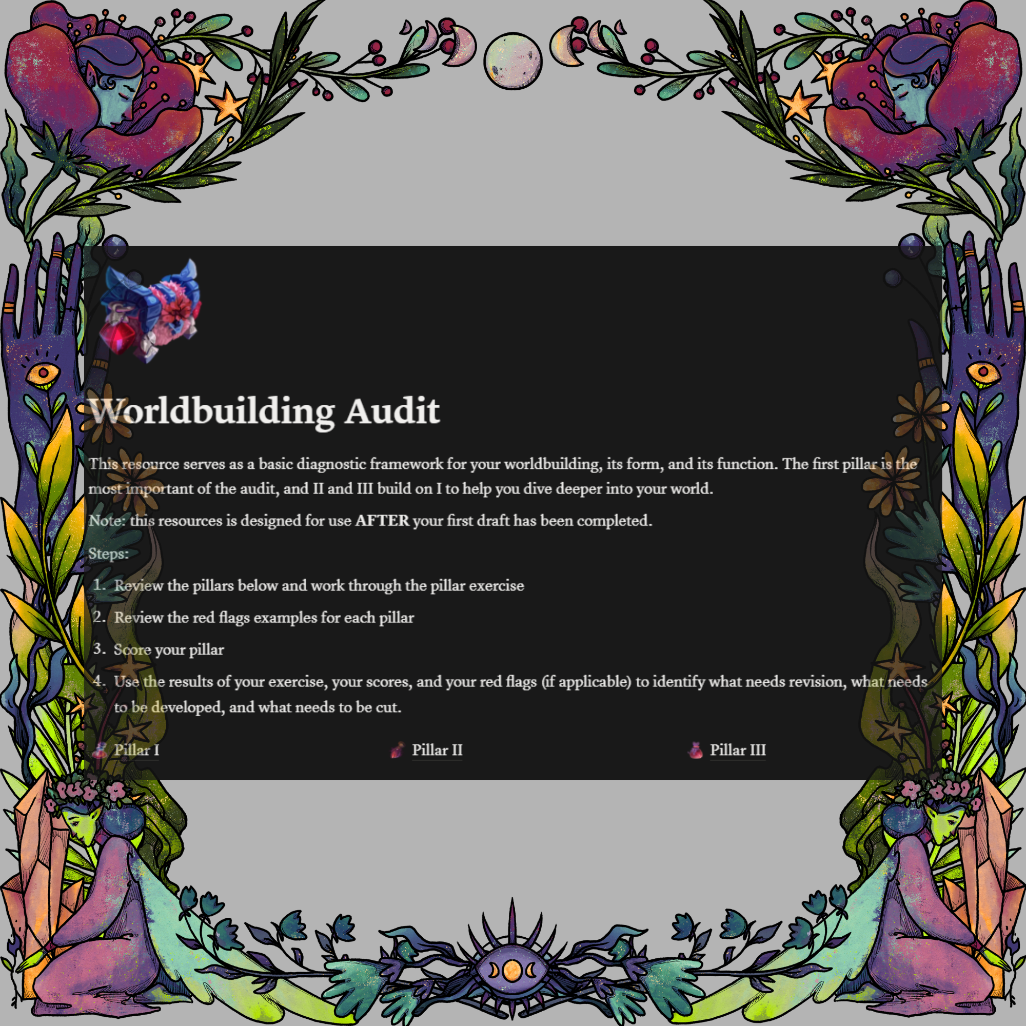Image of Notion database set on gray background and illustrated border with fairies.