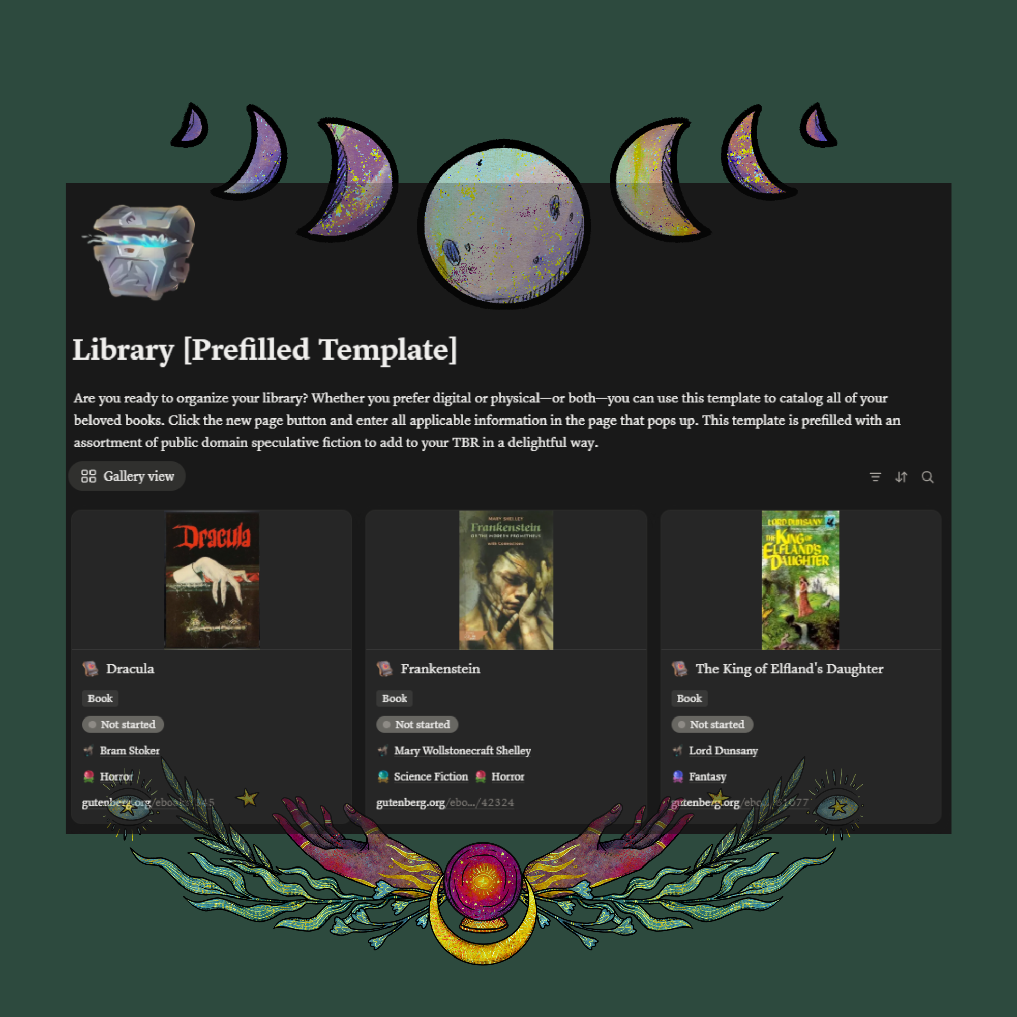 Library Notion template set against green background with fantasy illustrations.