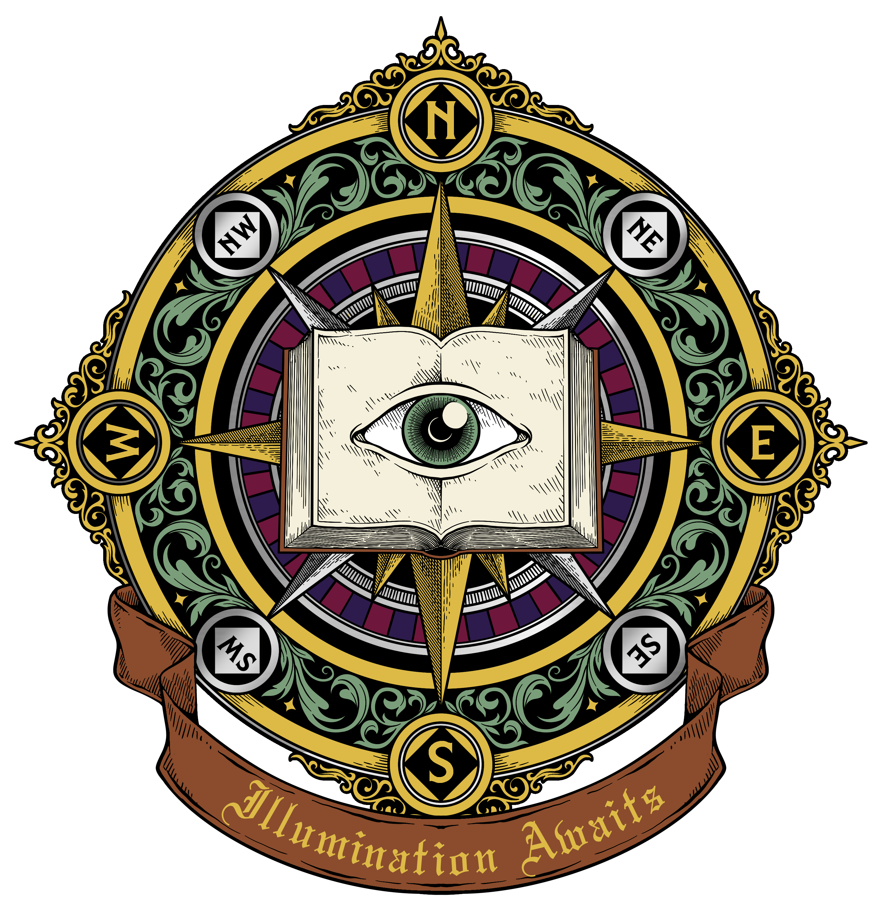 Art of a vintage compass with a book with an eye in the center. There is a brown ribbon wrapped around the compass that reads "Illumination Awaits."